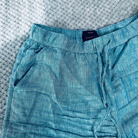 TAHARI LIGHT BLUE LINEN HIGH RISE COMFORT SUMMER LIGHTWEIGHT DRAWSTRING SHORTS - Picture 2 of 3